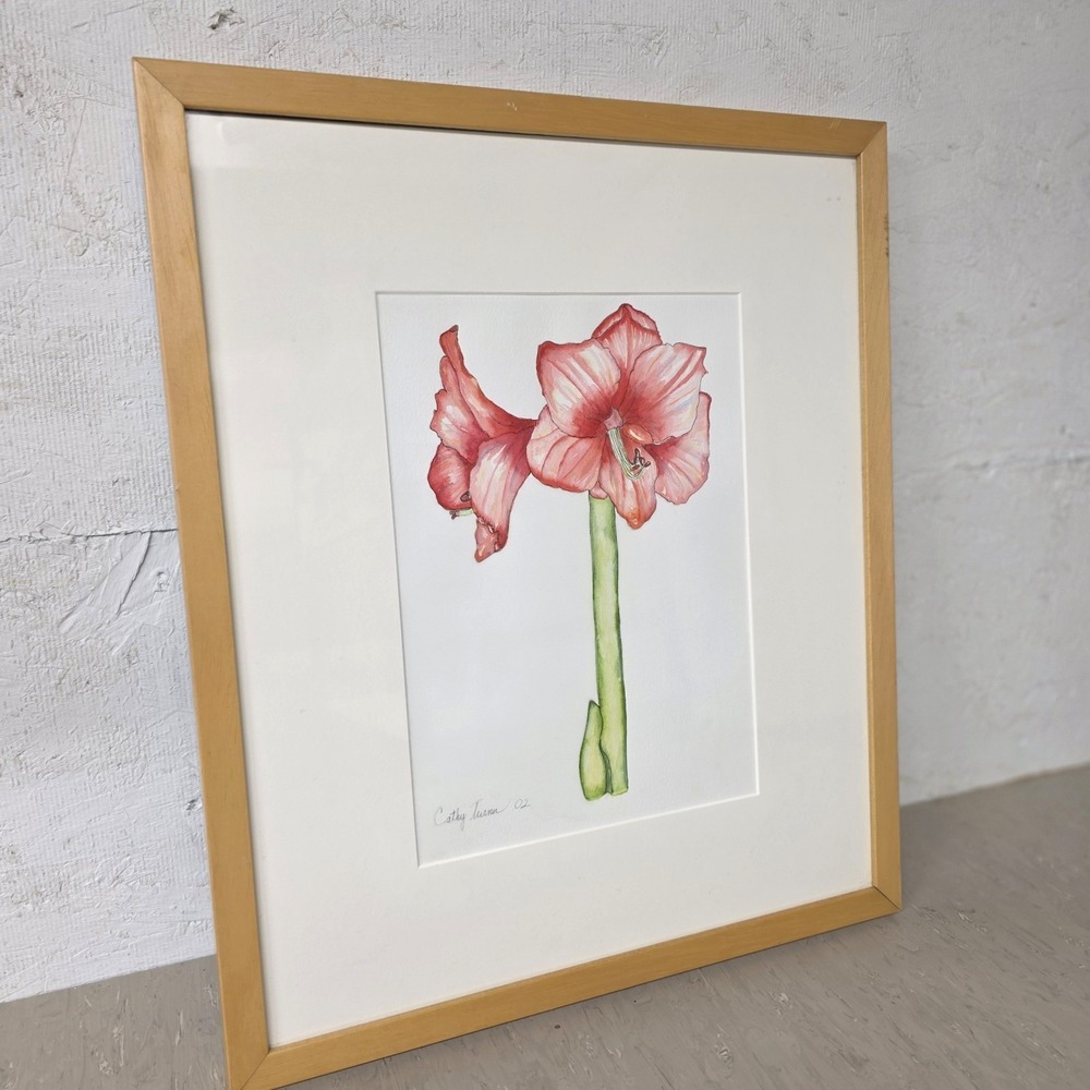 Original Vtg‎ Amaryllis Botanical Watercolor Painting Matted Framed 15x19 Signed